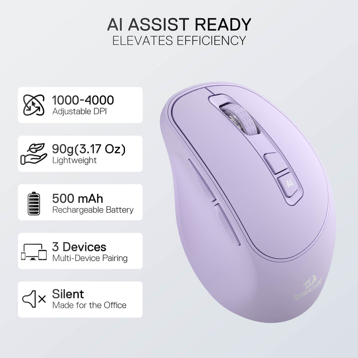 Redragon EU Purple computer mouse with features listed on a light gray background