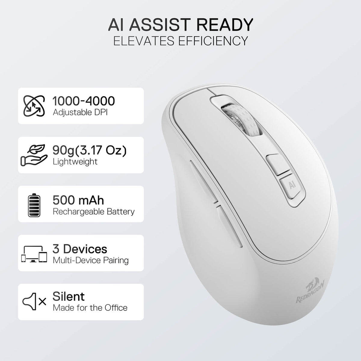 Redragon EU White computer mouse with features listed on a light gray background