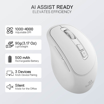 Redragon EU White computer mouse with features listed on a light gray background