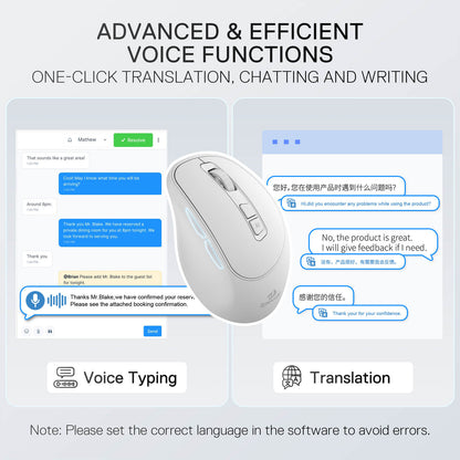 Redragon EU White computer mouse with voice translation software interface on a gray background