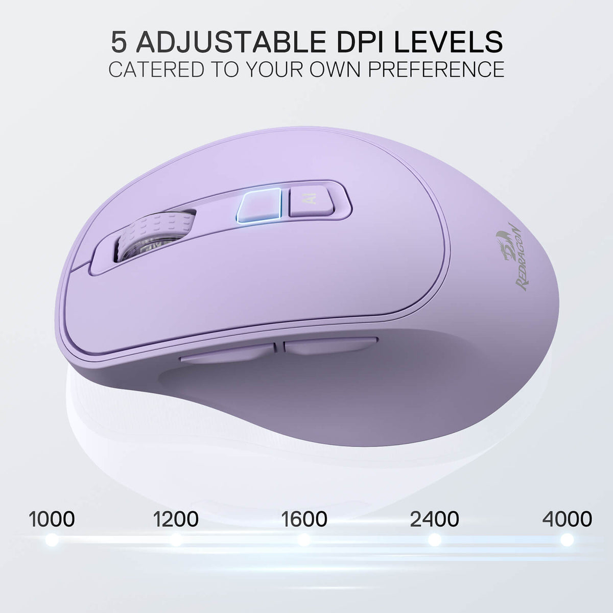 Redragon EU Purple computer mouse with adjustable DPI levels on a light gray background