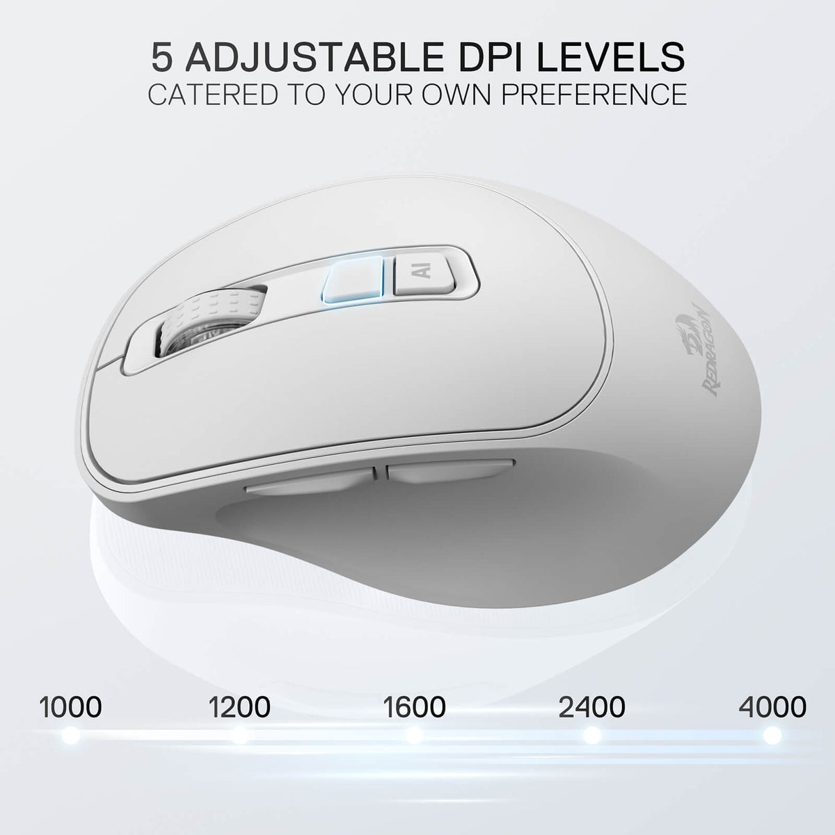 Redragon EU White computer mouse with adjustable DPI levels on a light gray background