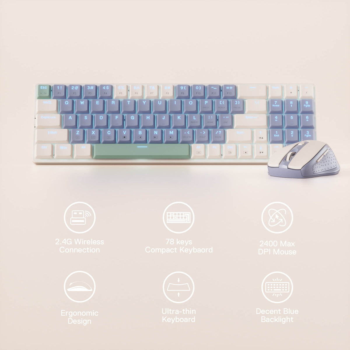 Redragon EU BS8772 Wireless Keyboard and Mouse Combo, 75% 78 Keys 2.4Ghz Wireless Low-Profile Mechanical Keyboard w/Rechargeable Battery, Single Blue Blacklight, 2400 DPI Ergonomic Mouse