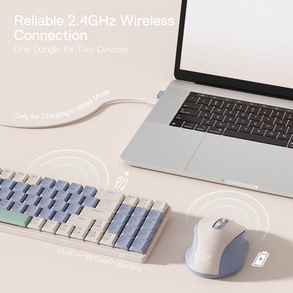 Redragon EU BS8772 Wireless Keyboard and Mouse Combo, 75% 78 Keys 2.4Ghz Wireless Low-Profile Mechanical Keyboard w/Rechargeable Battery, Single Blue Blacklight, 2400 DPI Ergonomic Mouse