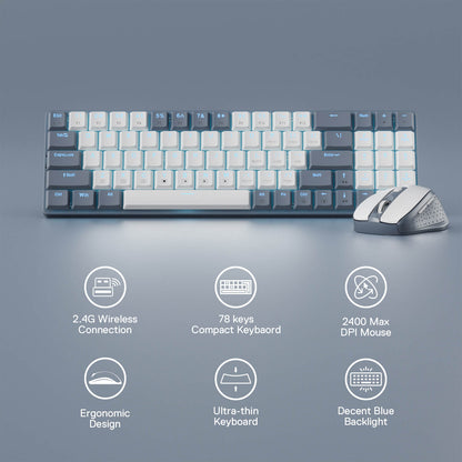 Redragon EU BS8772 Wireless Keyboard and Mouse Combo, 75% 78 Keys 2.4Ghz Wireless Low-Profile Mechanical Keyboard w/Rechargeable Battery, Single Blue Blacklight, 2400 DPI Ergonomic Mouse