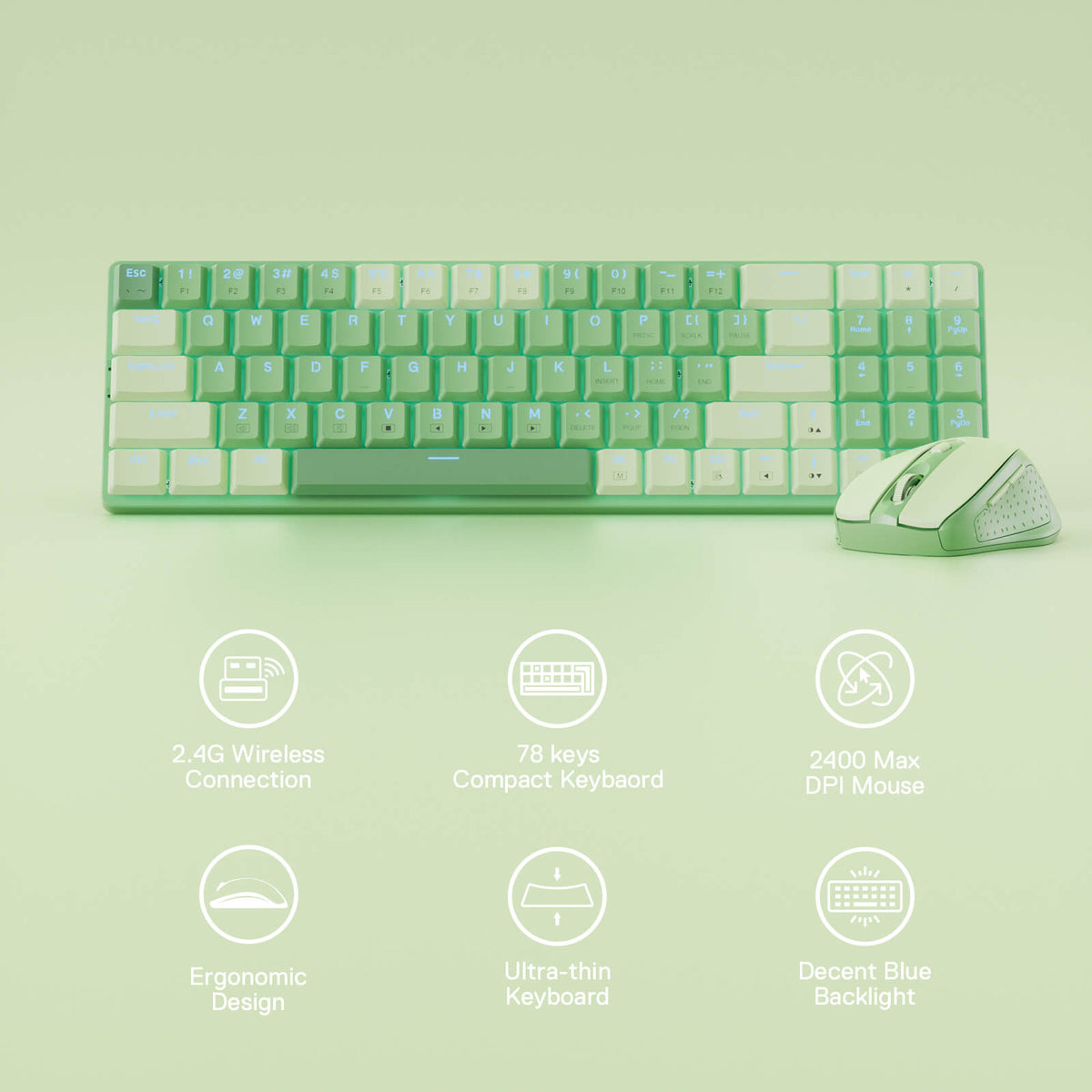 Redragon EU BS8772 Wireless Keyboard and Mouse Combo, 75% 78 Keys 2.4Ghz Wireless Low-Profile Mechanical Keyboard w/Rechargeable Battery, Single Blue Blacklight, 2400 DPI Ergonomic Mouse