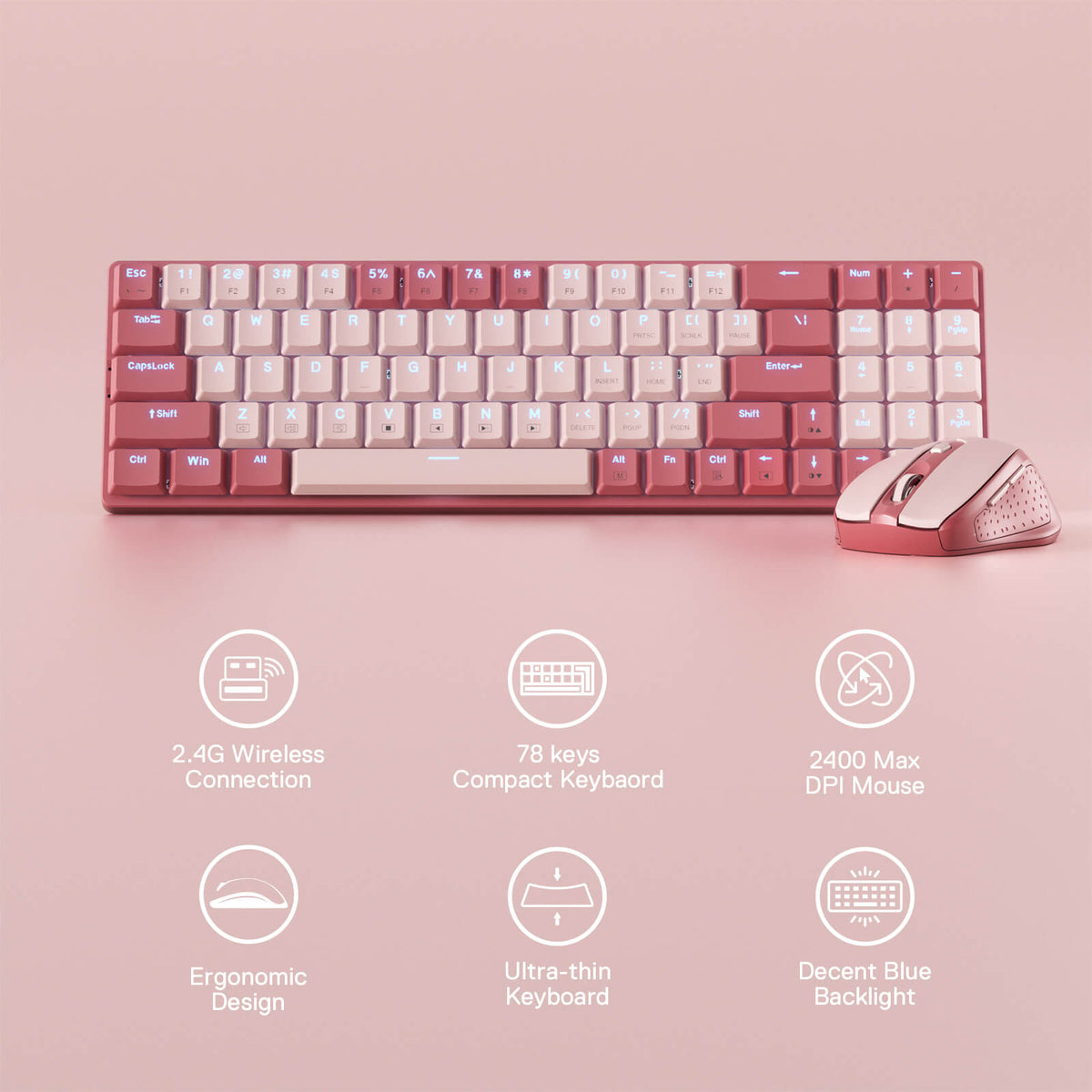Redragon EU BS8772 Wireless Keyboard and Mouse Combo, 75% 78 Keys 2.4Ghz Wireless Low-Profile Mechanical Keyboard w/Rechargeable Battery, Single Blue Blacklight, 2400 DPI Ergonomic Mouse