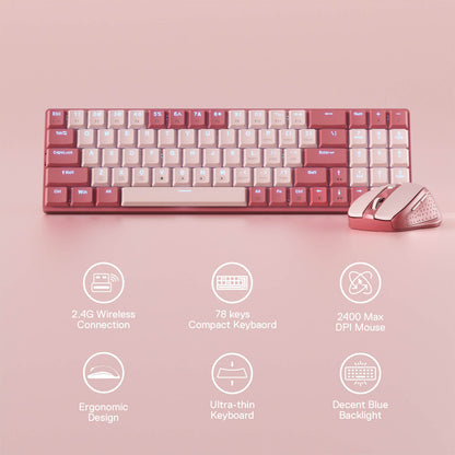 Redragon EU BS8772 Wireless Keyboard and Mouse Combo, 75% 78 Keys 2.4Ghz Wireless Low-Profile Mechanical Keyboard w/Rechargeable Battery, Single Blue Blacklight, 2400 DPI Ergonomic Mouse
