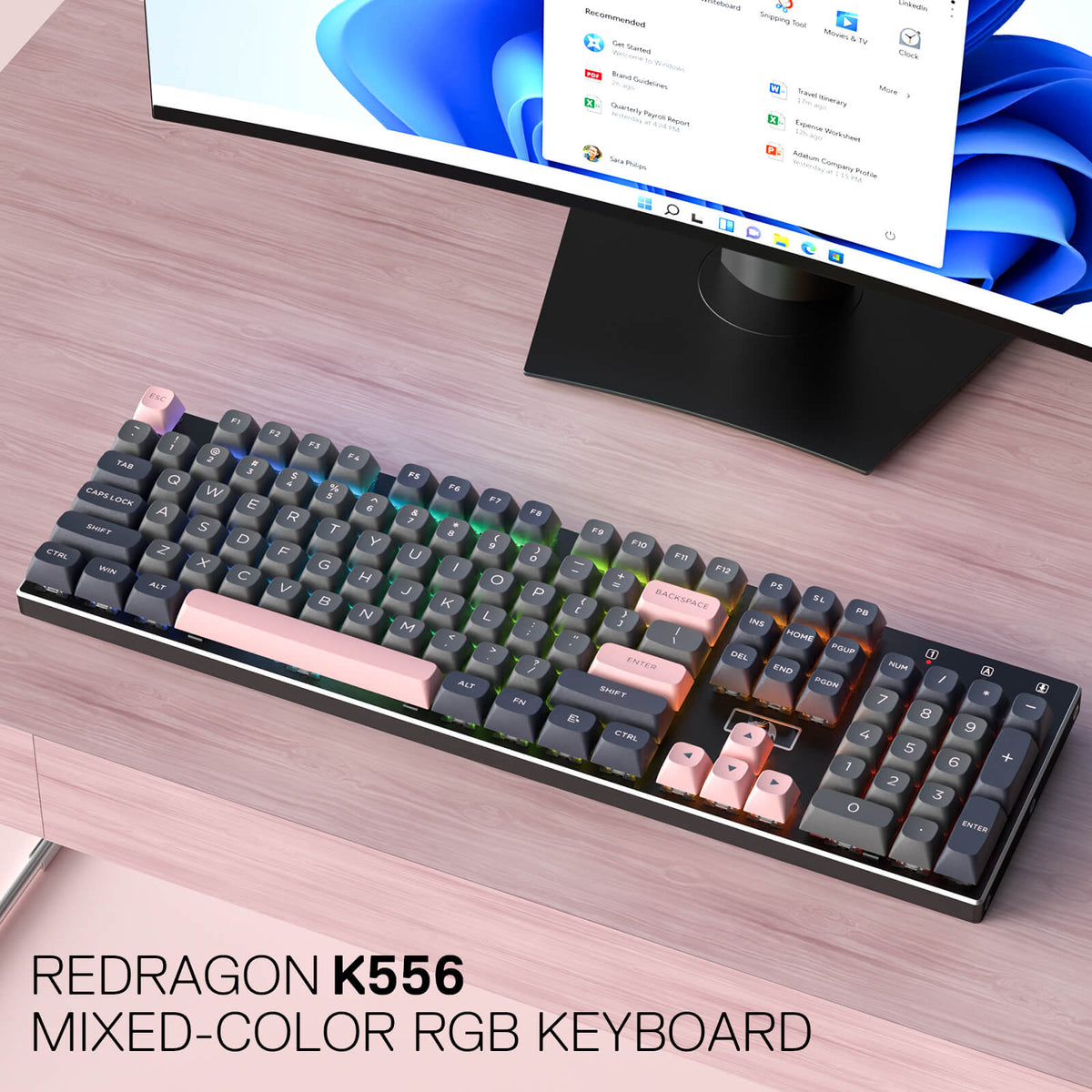 Redragon EU K556 SE Wired Gaming Keyboard, 104 Keys Hot-Swap Mechanical Keyboard w/Original Aluminum Base, Upgraded Socket, Noise Dampening Kit, PBT Keycaps & Custom Linear Switch, Dawn Sakura Color