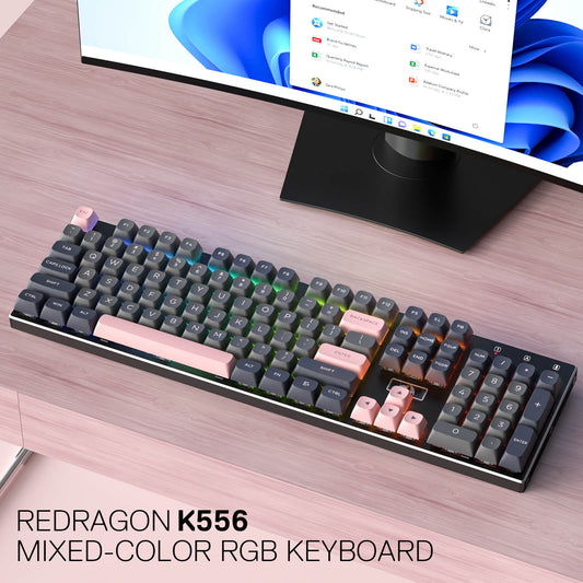 Redragon EU K556 SE Wired Gaming Keyboard, 104 Keys Hot-Swap Mechanical Keyboard w/Original Aluminum Base, Upgraded Socket, Noise Dampening Kit, PBT Keycaps & Custom Linear Switch, Dawn Sakura Color