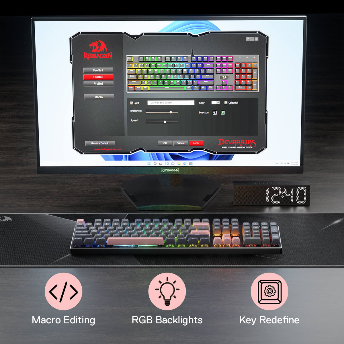 Redragon EU K556 SE Wired Gaming Keyboard, 104 Keys Hot-Swap Mechanical Keyboard w/Original Aluminum Base, Upgraded Socket, Noise Dampening Kit, PBT Keycaps & Custom Linear Switch, Dawn Sakura Color