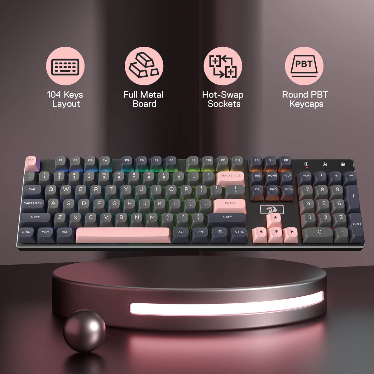 Redragon EU K556 SE Wired Gaming Keyboard, 104 Keys Hot-Swap Mechanical Keyboard w/Original Aluminum Base, Upgraded Socket, Noise Dampening Kit, PBT Keycaps & Custom Linear Switch, Dawn Sakura Color