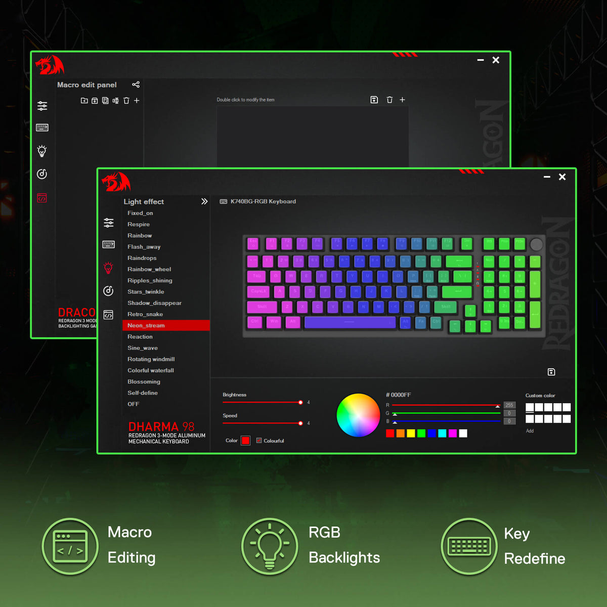 DRACO software interface for keyboard customization with RGB effects on a dark background