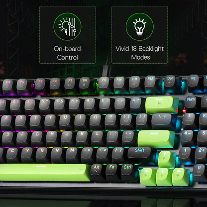 Redragon K740 Mechanical keyboard with colorful backlighting and text indicating on-board control and vivid 18 backlighting modes.