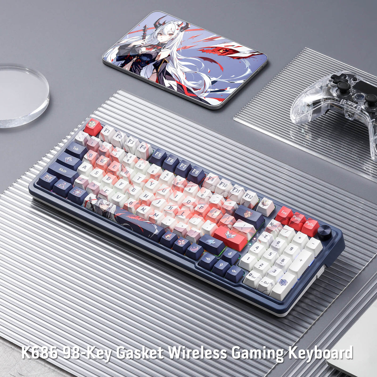 Redragon EU K686 PRO 98 Keys Wireless Gasket RGB Gaming Keyboard, 3-Modes Anime Mechanical Keyboard w/Hot-Swap Socket, Dedicated Knob Control & Sound Absorbing Pads, Custom Hi-Fi Linear Switch