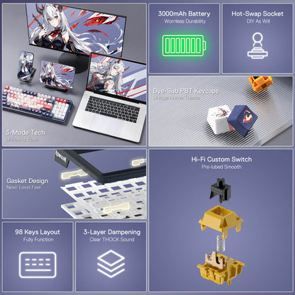 Redragon EU K686 PRO SE wireless gaming keyboard with 98 keys and anime-themed design, featuring gasket mount for enhanced typing feel.