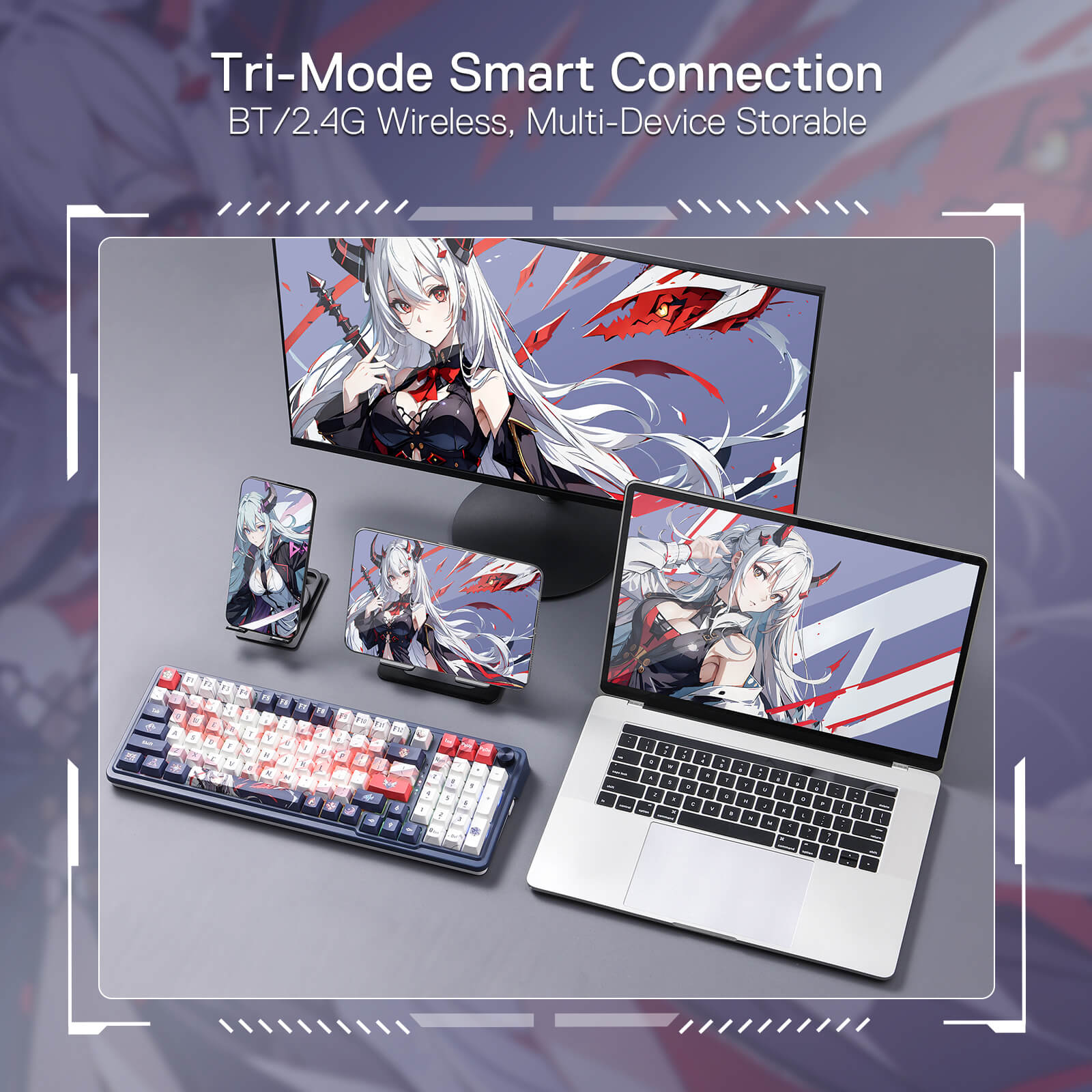 Redragon EU K686 Pro SE Keyboard Connected to Multiple Devices, Demonstrating Tri-Mode Smart Connection for Wireless and Bluetooth Compatibility