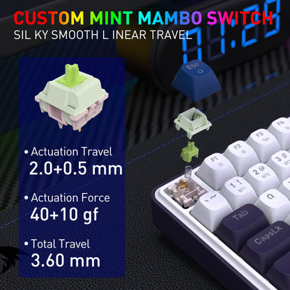 Custom mint mambo switch with keyboard and digital clock in the background