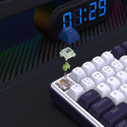 This graphic highlights the "Custom Mint Mambo Switch" for a keyboard: it displays the switch’s components (keycap, switch, spring) alongside specs (actuation travel, force, total travel) for its smooth linear feel.