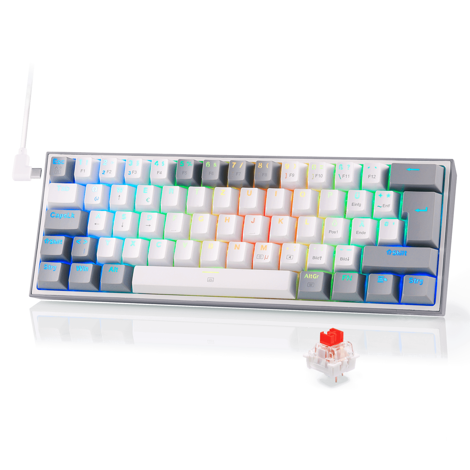 Redragon EU K617 Fizz 60% German QWERTZ layout gaming keyboard, RGB wired gaming keyboard, 62 keys, hot-swappable red switches, programmable keys, detachable USB Type-C cable – Grey & White