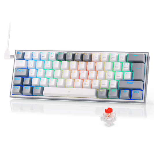 Redragon EU K617 Fizz 60% German QWERTZ layout gaming keyboard, RGB wired gaming keyboard, 62 keys, hot-swappable red switches, programmable keys, detachable USB Type-C cable – Grey & White