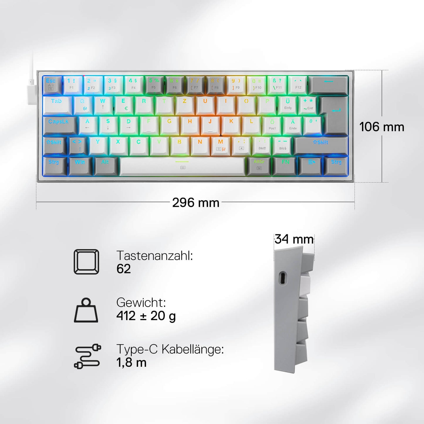 Redragon EU K617 Fizz 60% German QWERTZ layout gaming keyboard, RGB wired gaming keyboard, 62 keys, hot-swappable red switches, programmable keys, detachable USB Type-C cable – Grey & White