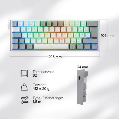 Redragon EU K617 Fizz 60% German QWERTZ layout gaming keyboard, RGB wired gaming keyboard, 62 keys, hot-swappable red switches, programmable keys, detachable USB Type-C cable – Grey & White