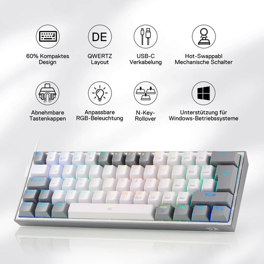 Redragon EU K617 Fizz 60% German QWERTZ layout gaming keyboard, RGB wired gaming keyboard, 62 keys, hot-swappable red switches, programmable keys, detachable USB Type-C cable – Grey & White