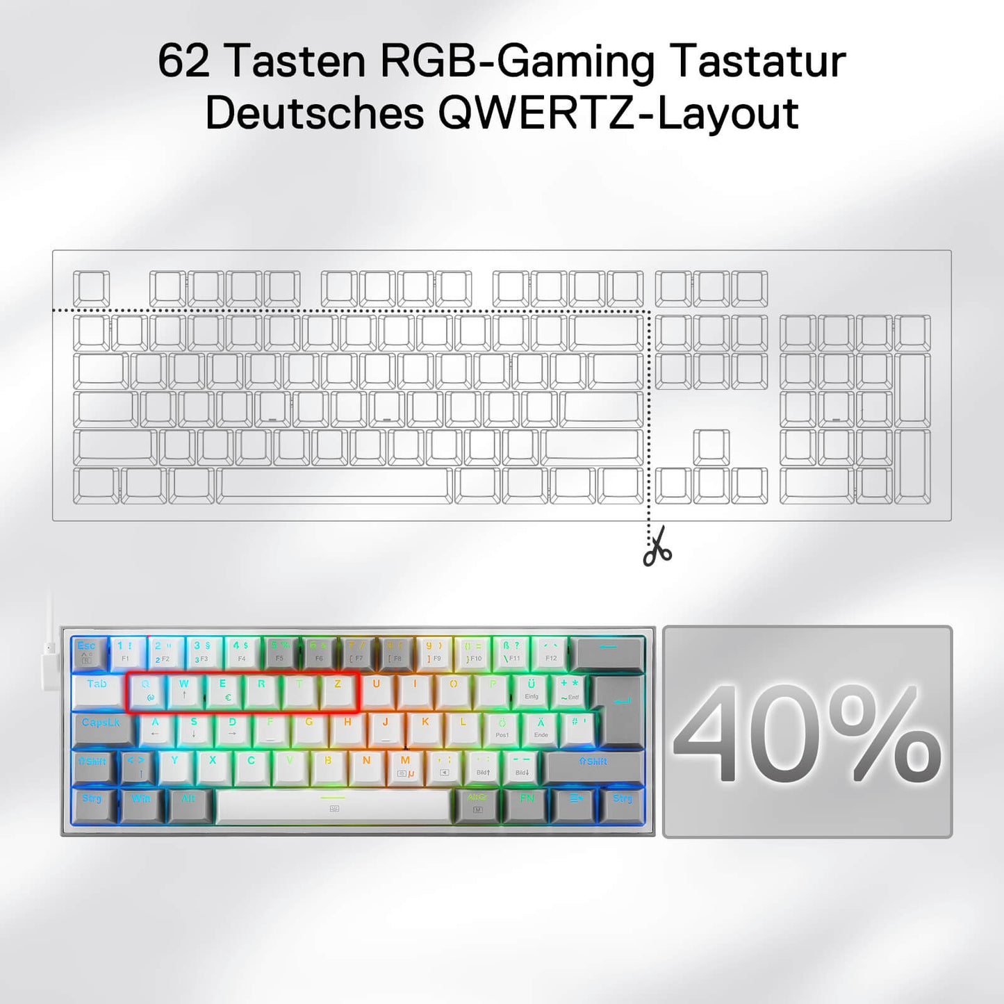 Redragon EU K617 Fizz 60% German QWERTZ layout gaming keyboard, RGB wired gaming keyboard, 62 keys, hot-swappable red switches, programmable keys, detachable USB Type-C cable – Grey & White