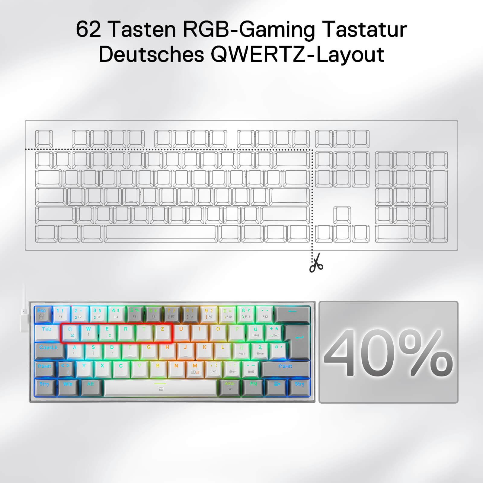 Redragon EU K617 Fizz 60% German QWERTZ layout gaming keyboard, RGB wired gaming keyboard, 62 keys, hot-swappable red switches, programmable keys, detachable USB Type-C cable – Grey & White