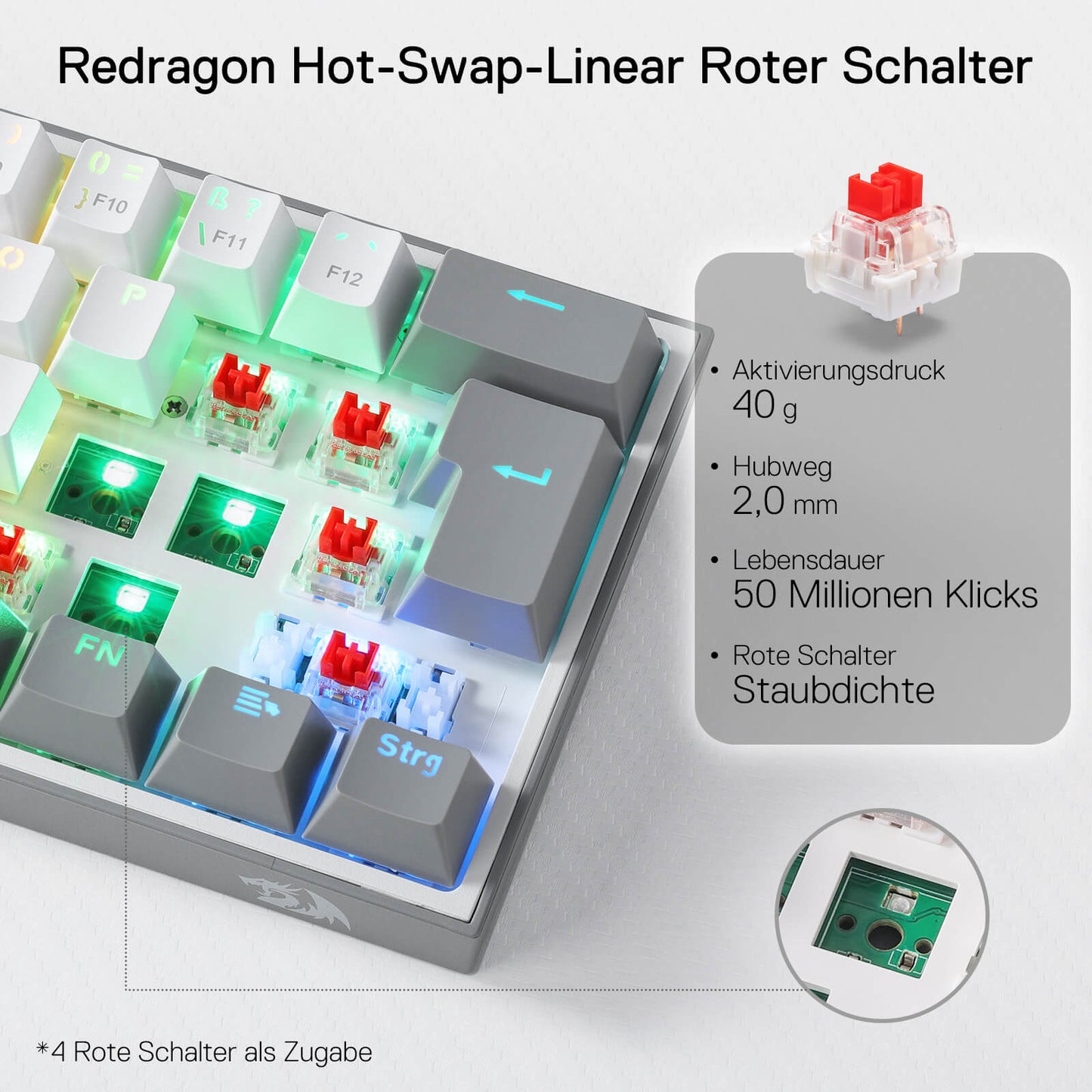 Redragon EU German QWERTZ layout gaming keyboard, RGB wired gaming keyboard, 62 keys, hot-swappable red switches, programmable keys, detachable USB Type-C cable – Grey & White