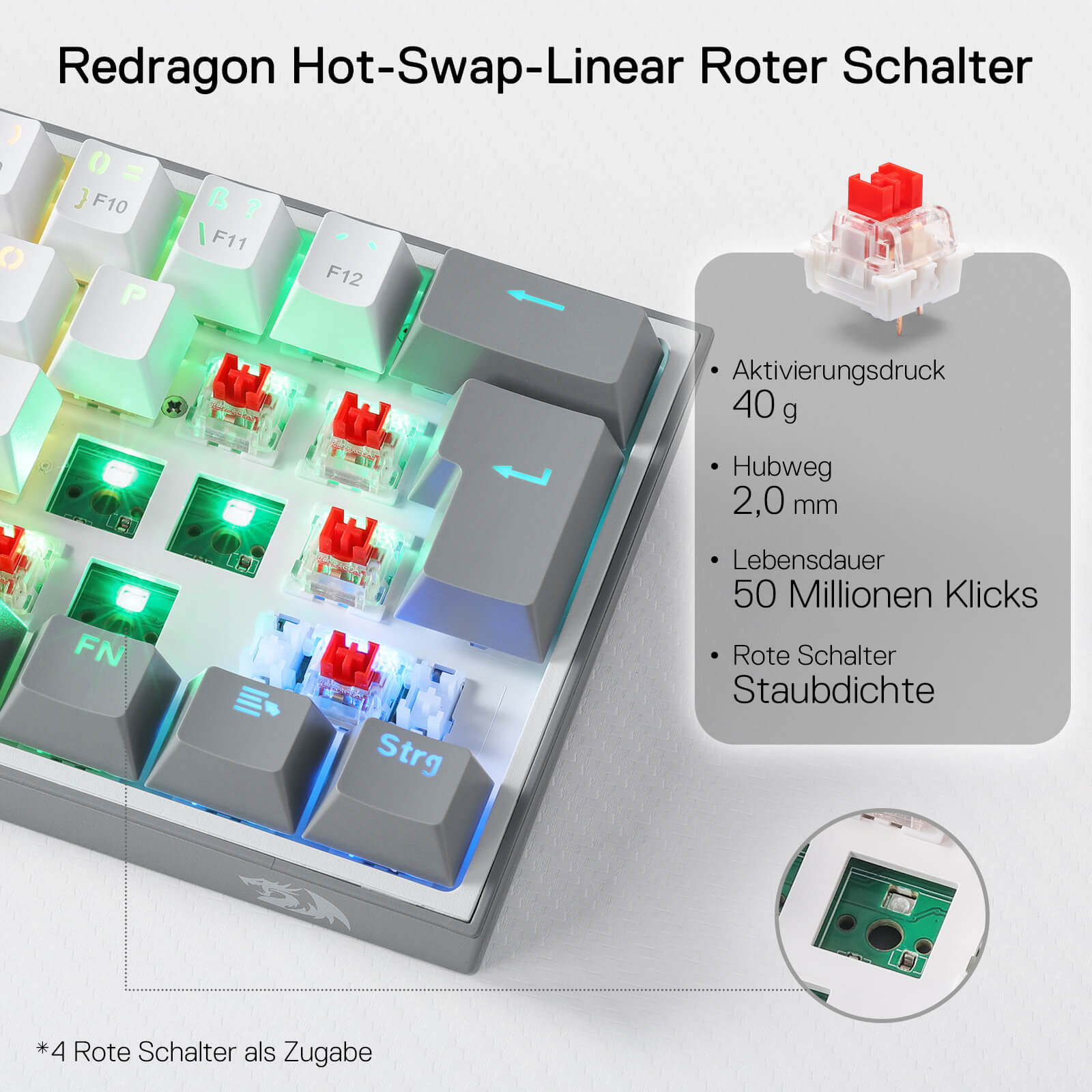 Redragon EU German QWERTZ layout gaming keyboard, RGB wired gaming keyboard, 62 keys, hot-swappable red switches, programmable keys, detachable USB Type-C cable – Grey & White