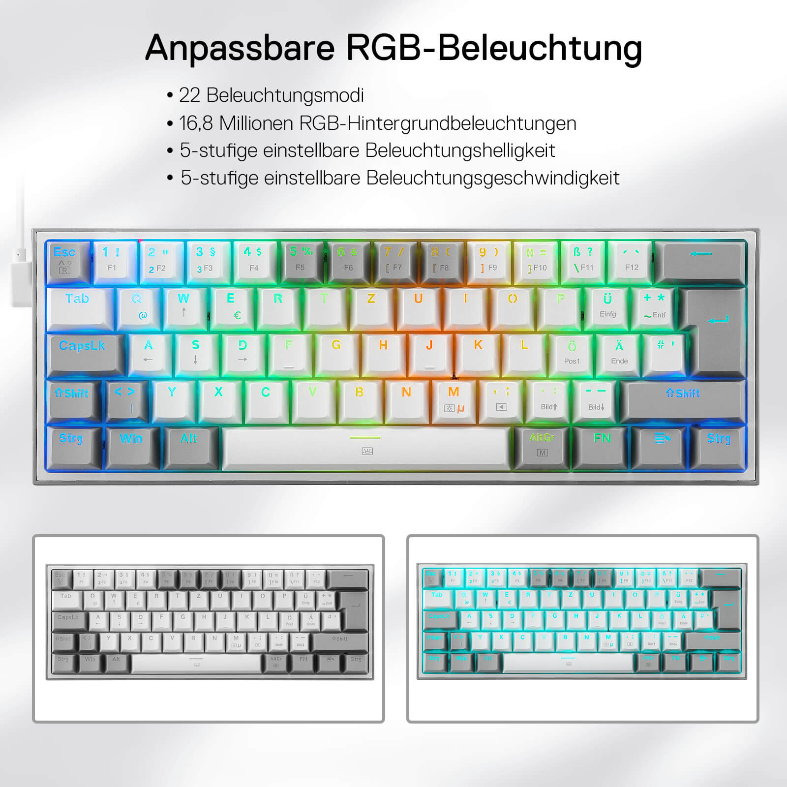 Redragon EU K617 Fizz 60% German QWERTZ layout gaming keyboard, RGB wired gaming keyboard, 62 keys, hot-swappable red switches, programmable keys, detachable USB Type-C cable – Grey & White