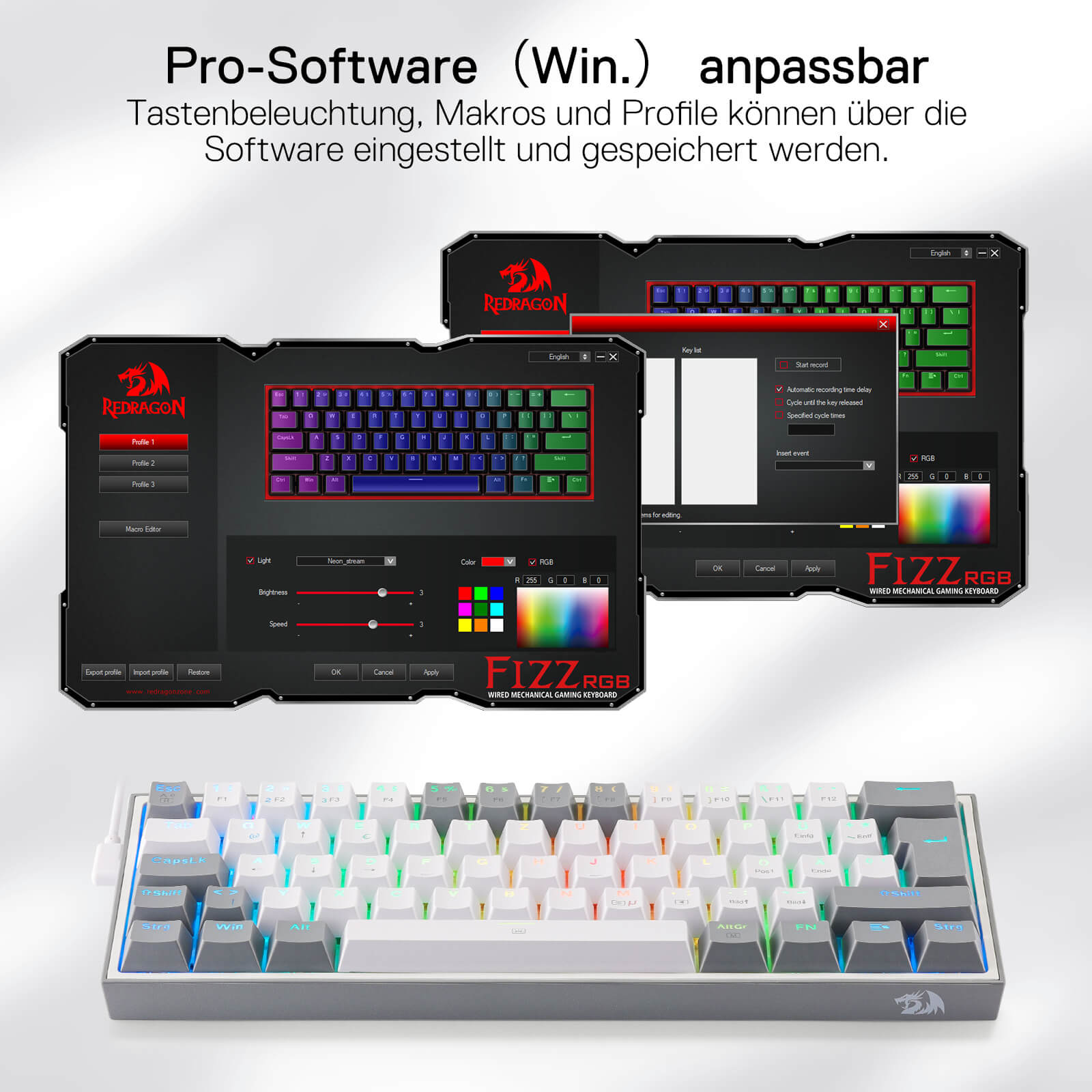 Redragon EU K617 Fizz 60% German QWERTZ layout gaming keyboard, RGB wired gaming keyboard, 62 keys, hot-swappable red switches, programmable keys, detachable USB Type-C cable – Grey & White