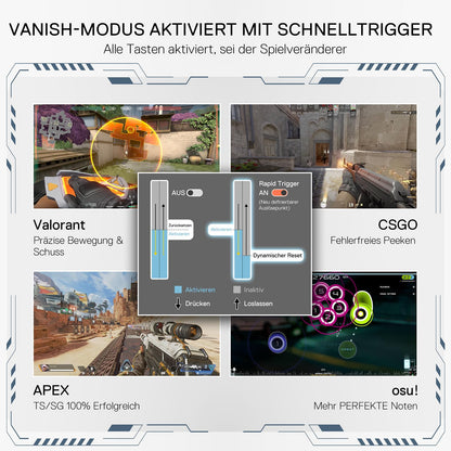 Spanish promotional graphic for a fast-shooting trigger accessory, showing game screenshots and a central diagram labeled 'Disparador Rápido' with draft/indraft states and trigger mapping instructions.