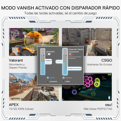 Spanish promotional graphic for a fast-shooting trigger accessory, showing game screenshots and a central diagram labeled 'Disparador Rápido' with draft/indraft states and trigger mapping instructions.