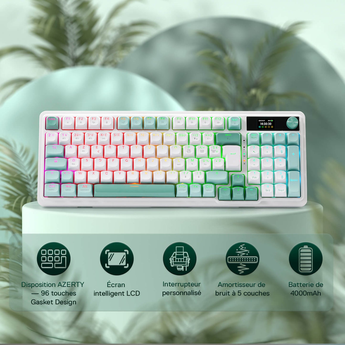 Colorful keyboard on a green stand with plant background