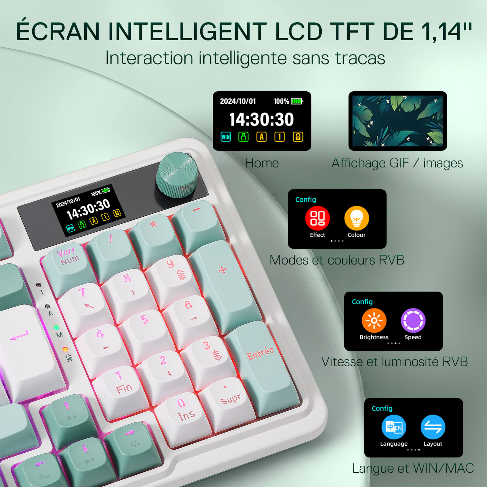 Smart keyboard with digital display and RGB lighting on a light green background
