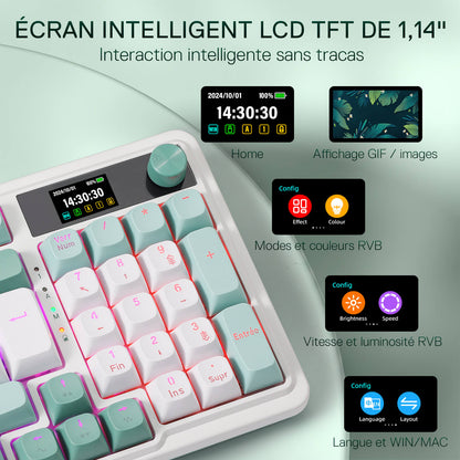 Smart keyboard with digital display and RGB lighting on a light green background