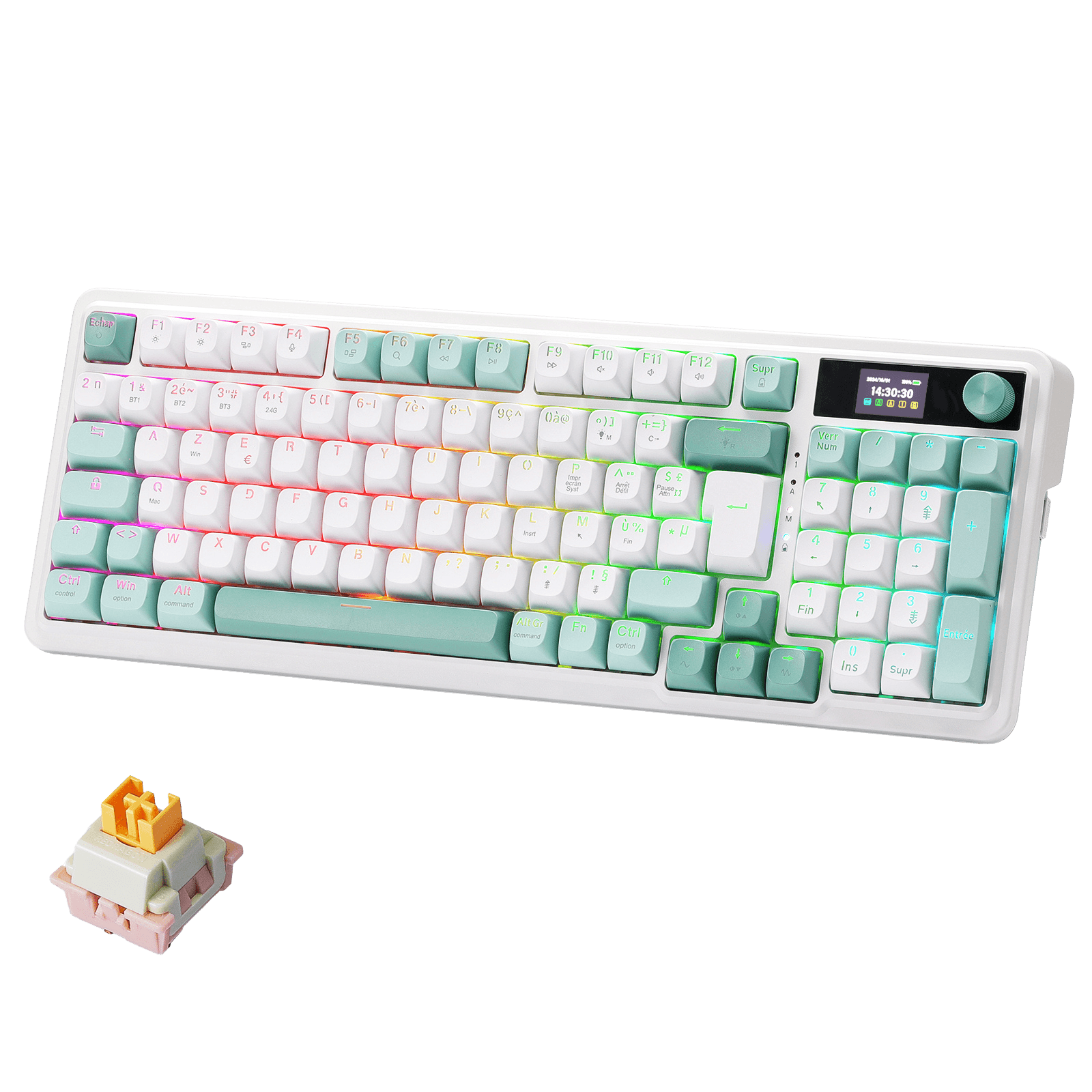 Mechanical keyboard with RGB lighting on a white background