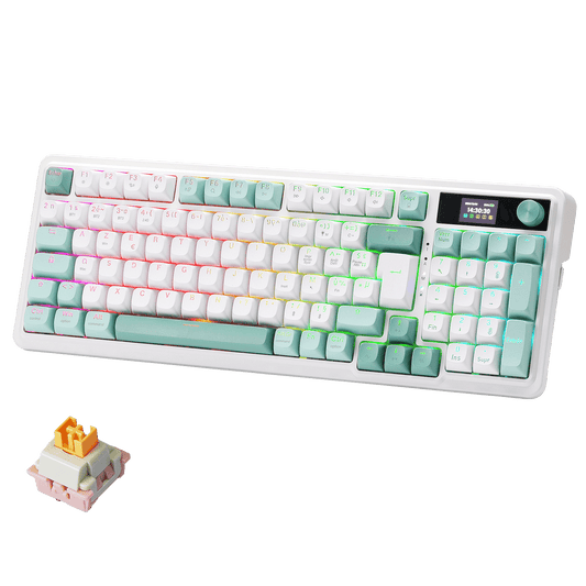 Mechanical keyboard with RGB lighting on a white background