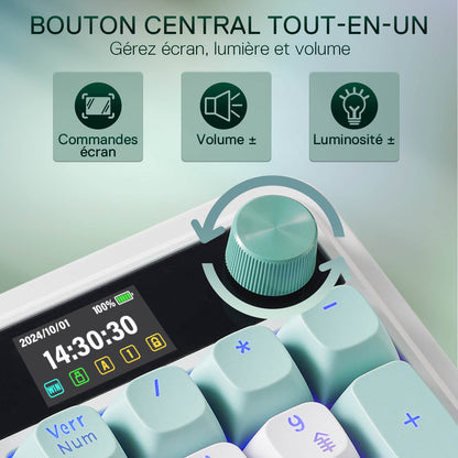 Teal keyboard with central control button and display on a light green background