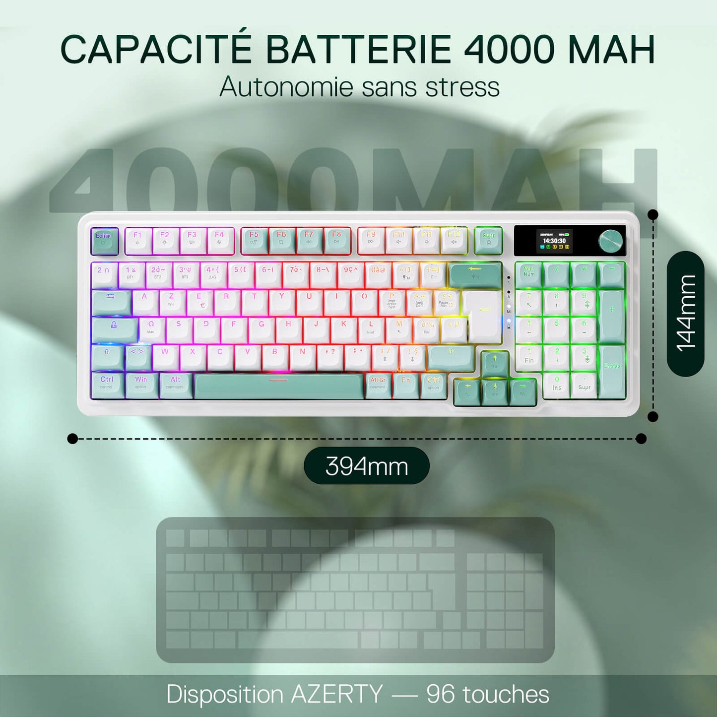 Mechanical keyboard with RGB lighting on a light green background, displaying battery capacity and dimensions.