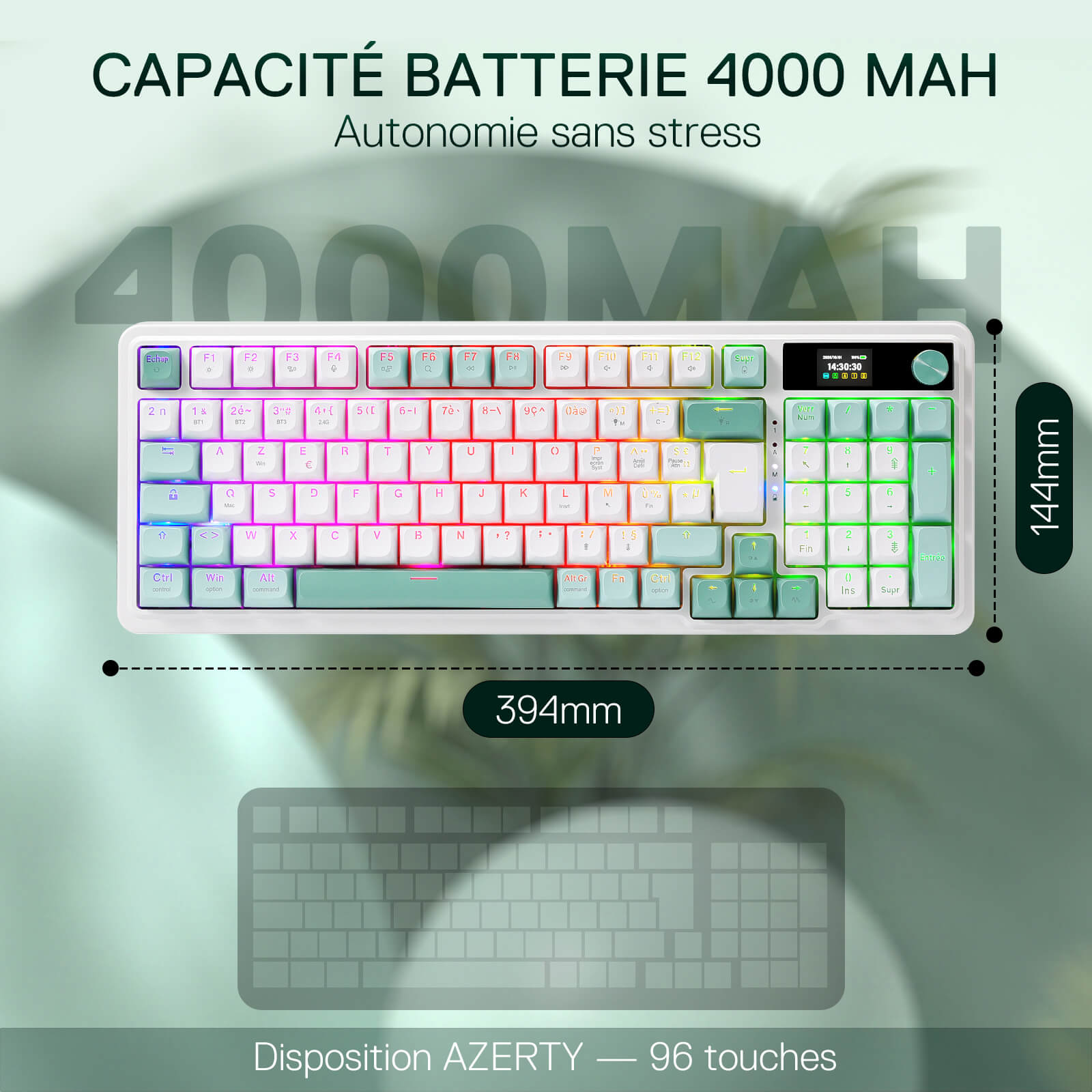Mechanical keyboard with RGB lighting on a light green background, displaying battery capacity and dimensions.