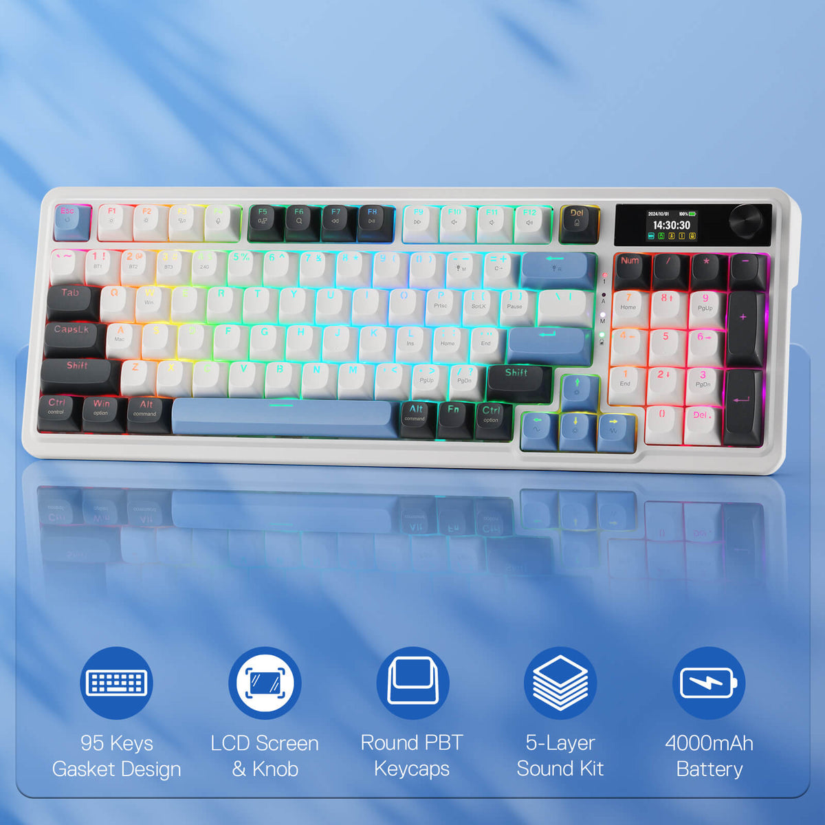 Redragon EU K719 Wireless Gasket Gaming Keyboard w/Hype Screen & Knob, 95 Keys Mechanical Keyboard, Easy-Control 1.14’’ TFT Info Display, 5-Layer Noise Dampener, Round PBT Keycaps, Mint Mambo Switch