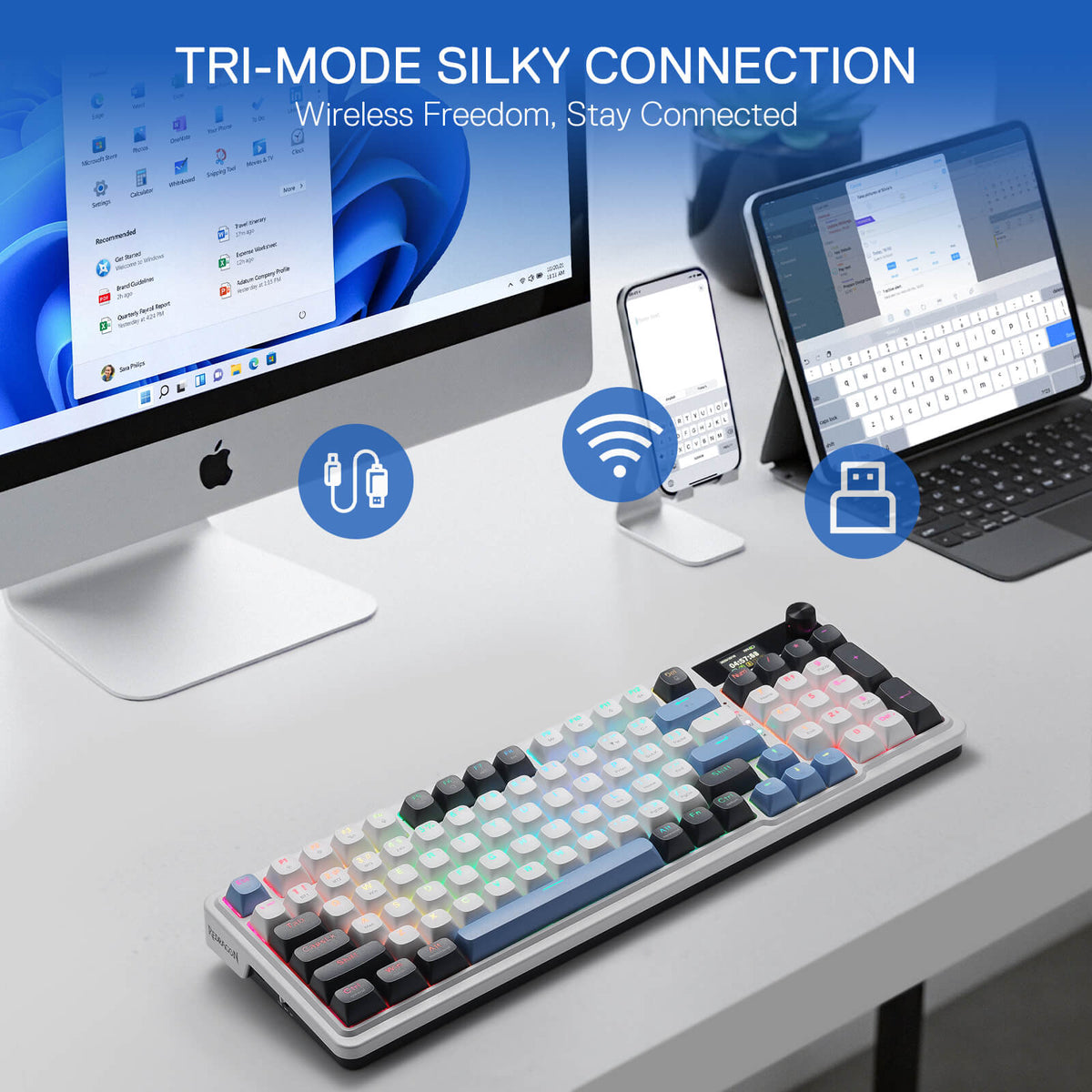 Redragon EU K719 Wireless Gasket Gaming Keyboard w/Hype Screen & Knob, 95 Keys Mechanical Keyboard, Easy-Control 1.14’’ TFT Info Display, 5-Layer Noise Dampener, Round PBT Keycaps, Mint Mambo Switch