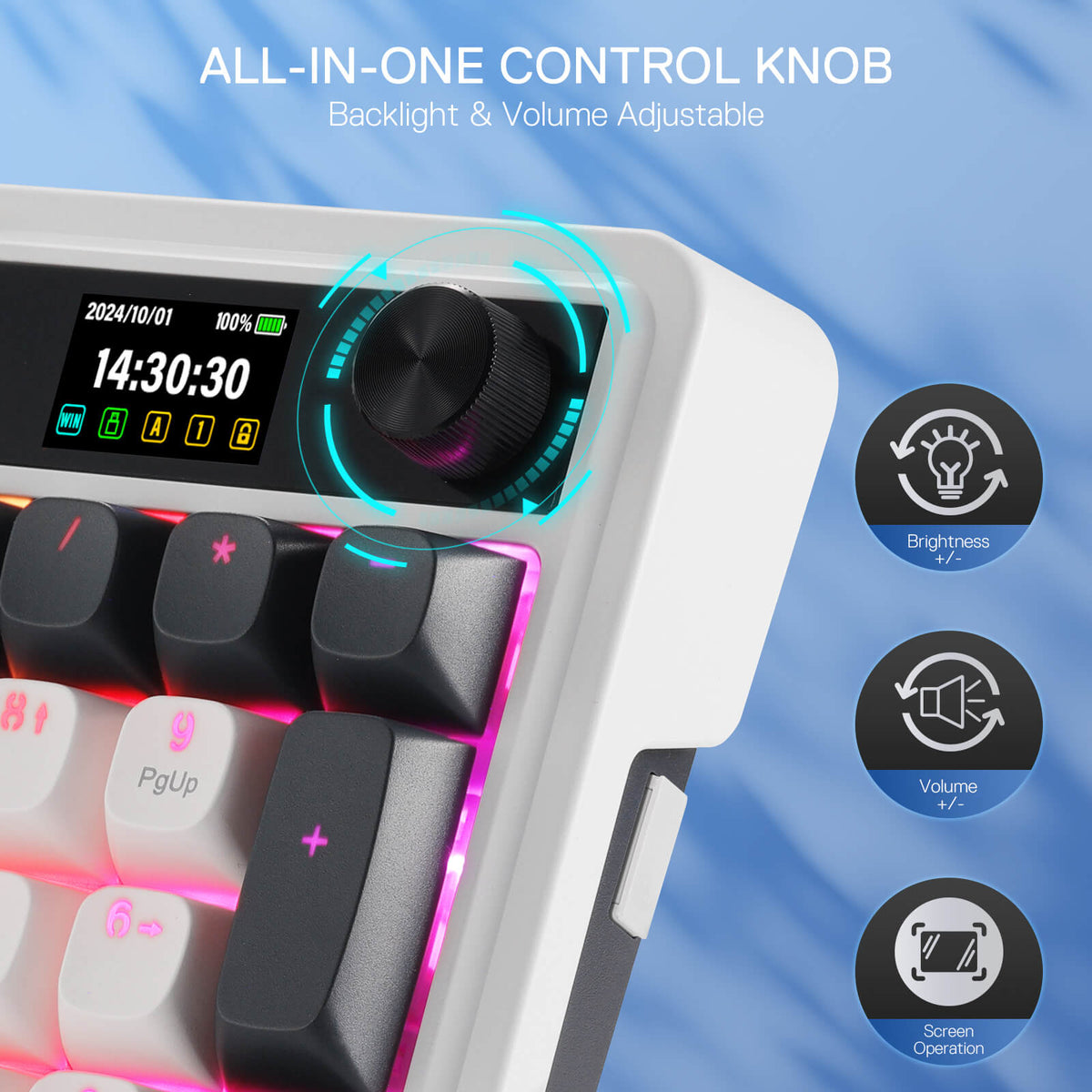 Redragon EU K719 Wireless Gasket Gaming Keyboard w/Hype Screen & Knob, 95 Keys Mechanical Keyboard, Easy-Control 1.14’’ TFT Info Display, 5-Layer Noise Dampener, Round PBT Keycaps, Mint Mambo Switch