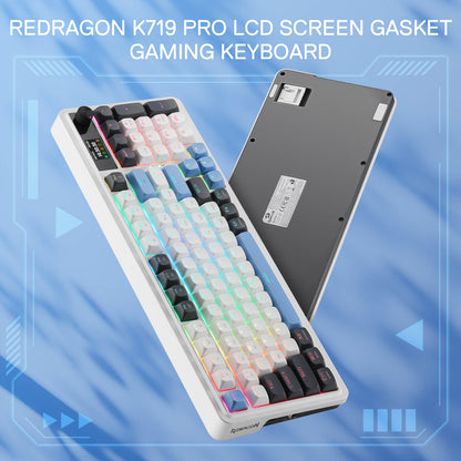 Redragon EU K719 Wireless Gasket Gaming Keyboard w/Hype Screen & Knob, 95 Keys Mechanical Keyboard, Easy-Control 1.14’’ TFT Info Display, 5-Layer Noise Dampener, Round PBT Keycaps, Mint Mambo Switch