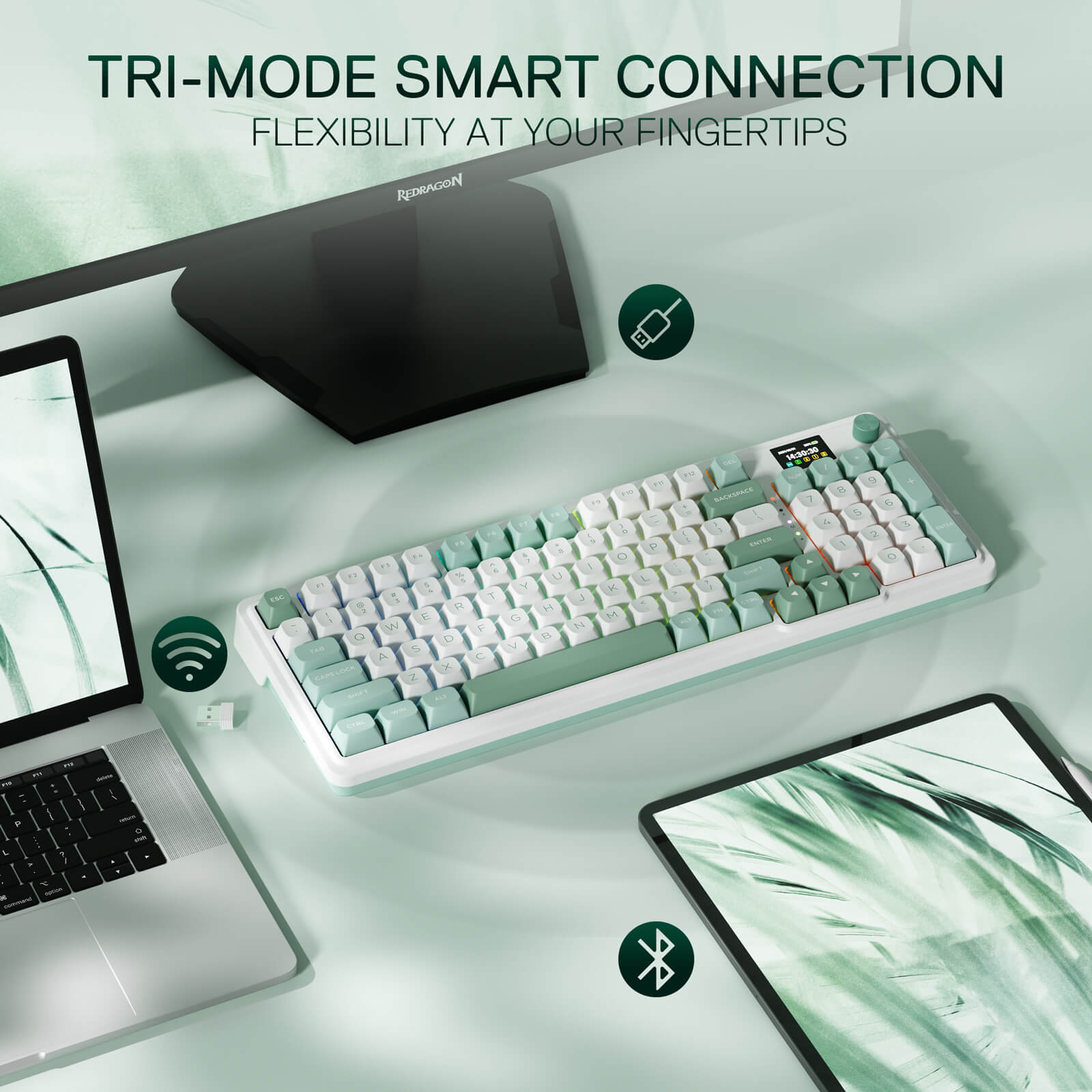 Redragon EU  K719 Wireless Gasket Gaming Keyboard w/Hype Screen & Knob, 95 Keys Mechanical Keyboard, Easy-Control 1.14’’ TFT Info Display, 5-Layer Noise Dampening, Custom Linear Switch, Jade Cloud Color