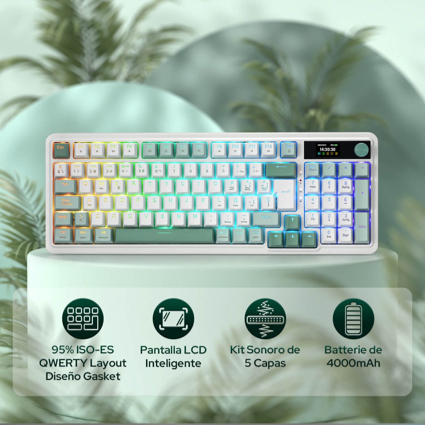 Teclado inalámbrico para juegos Redragon K719 PRO de 95 teclas con junta de goma, pantalla TFT y mando giratorio | Pantalla LED de información de fácil control, modo triple sin retardo, amortiguación de ruido de 5 capas para un sonido suave y contundente, 95 teclas prácticas, distribución QWERTY
